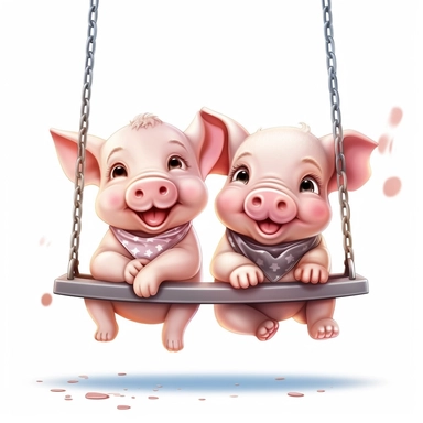 Cute Beautiful Happy Face Couple Baby Pig sit on a swing Sublimation Clipart ,Cartoon,hyper realistic, intricate detail, illustration style,high solution,on the white background