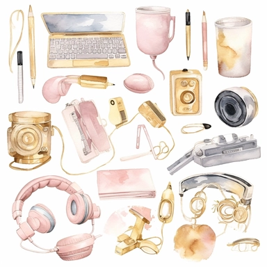handpaint, gadget clipart,devices icon set, isolated white background, single design, sharp, bold , sweet pink, cream pastel, gold, hand-painted watercolor