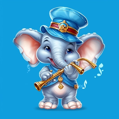 cute baby elephant as a marching band flute player, nursery wallpaper clipart naive art
