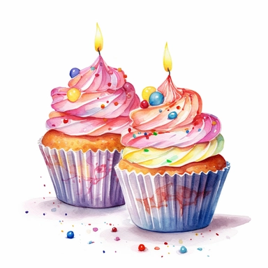 watercolor clipart, cupcakes with candle, white background