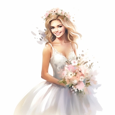 beautiful watercolor fun, happy and cute photorealistic stylish, smiling bride in white wedding dress and tiara beautiful, whole body, decorated in big pastel and light colors flowers in the style of aquarelist, wedding illustrations award winner, wedding clipart, 8k, white background, intricate details illustrations very detailed, uhd exquisite clothing detail, rimel neffati