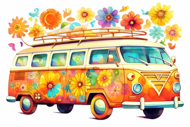 Colorful retro groovy 1970s clipart, watercolor