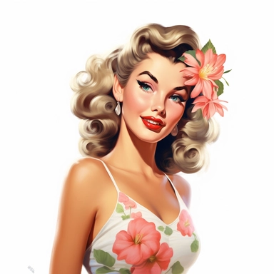 beautiful pretty pin up woman, makeup and hair vintage 50's style, hawaiian flower and dress, paint art style, detail, clipart, white background, superrealistic, one of a kind