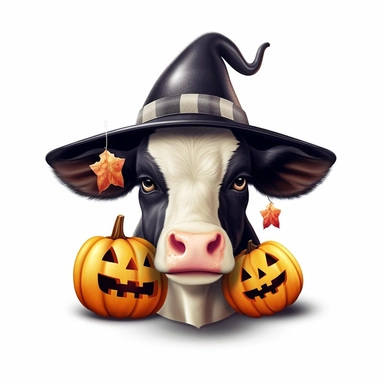 3D super realistic halloween Holstein Cow with a witch's hat on his head among pumpkins clipart
