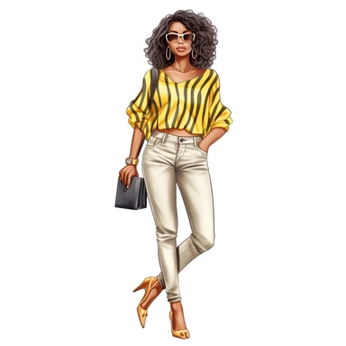 realistic illustration of Fashion-forward African American woman: Illustrate a clipart of a stylish African American woman wearing fashionable clothing and accessories. Showcase her confidence and individuality through her outfit and pose. clipart, isolated on white background, 4K