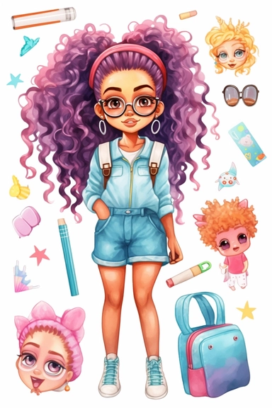 clipart set Cute illustration fashion black girl with colored hair back to school watercolor clipart, full body, Cute kawaii sticker