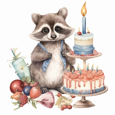 clipart of baby raccoon in birthday party with a balloons, cake with candles, illustration on white background, in the style of victorian - era clothing, embroidery, beatrix potter, 32k uhd, grainy, flickr, plush doll art, watercolor art by Susan Wheeler and Marjolein Bastin