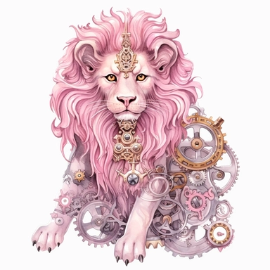 pink watercolor steampunk lion tamer, clipart, metallic, gears, iron pink gray black, 32k. highly detailed