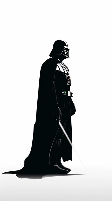 A minimalist Star Wars clipart of Darth Vader, with a simple outline and minimalistic features, standing against a white background, with a sense of focus and simplicity, emphasizing the character's iconic silhouette, flat environment with no depth, Illustration, ink on paper,
