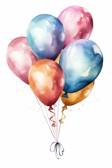 watercolor metallic colour balloon bundles tied together with ribbons, clipart, hd, isolated, spaced out, on white background,