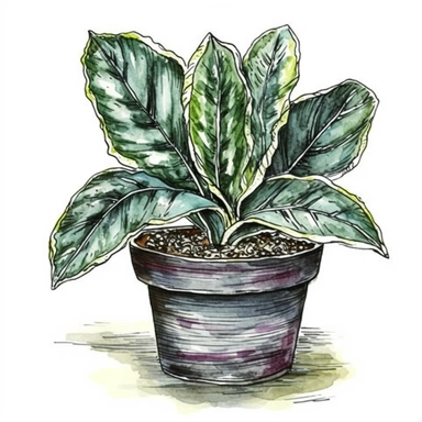 single houseplant in pot, watercolor clipart, beautiful houseplant , landscape art, scrapbook, black contour around the leaves,
