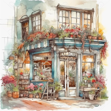 watercolor clipart of a whimsical flower store front, colored pencil drawing, beautiful illustration, good composition, vector, contour, isolated white background, rendered in 26k