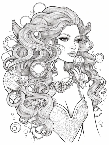 Coloring book, white background, black and white, clip art. Mermaid. Wearing retro 80's t-shirt. Seal .