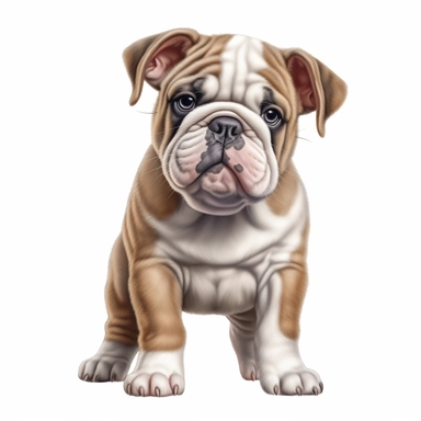clipart of realistic bulldog puppy, full body, standing, white background