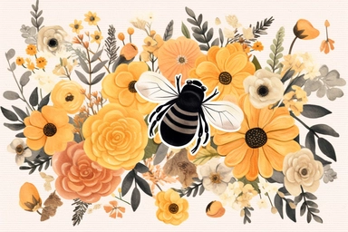 Design a charming floral clipart featuring a delightful honey bee amidst a bouquet of blooming flowers. Create a vibrant scene with a variety of flowers such as roses, daisies, tulips, and sunflowers, each displaying their unique colors and shapes. Place a whimsical honey bee gently hovering or perched on one of the flowers, showcasing its intricate details and delicate wings. Use a soft and cheerful color palette that complements the natural beauty of the flowers and the bee. Consider adding so