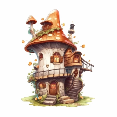enchanted detailed fantasy fairy tale elf house in cartoon style, creamy warm colors on white plane background, impressive, 4k, clipart