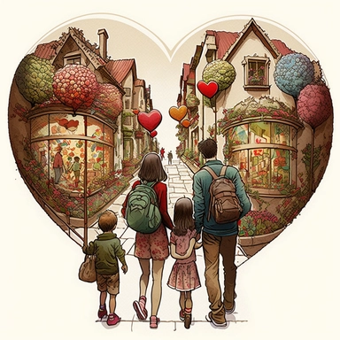 (perfect body figure) of a cute loving American family of 4, hiking into a magical LOLLIPOP STORE (a perfect close-up single-point-perspective view from the back) with its own habitats (flowers and plants) made into a natural-heart-shape, vintage in water