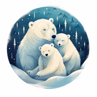 Illustrating a Polar bear family cuddled together in a snowy den. The design should convey a sense of familial warmth and the Polar bear's resilience in the face of harsh Arctic conditions. The artwork can have soft lighting and gentle colors, creating a serene atmosphere.r, that can be used as a sticker, colorful, highly detailed, white background, style of pixar clipart, white background,--no cut off edges