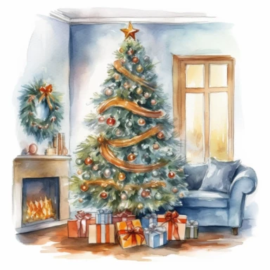 watercolor style, decorated christmas tree in the cozy living room clipart, isolated on white background, 4K