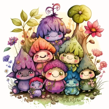 a bunch of cute Mystical magical happy Ogres in a Magical Forest with the latest natural flower fashion of whimsical nature Clipart, Fantasy Art, Fairy Tale Art, colorful watercolor, Ink and pen