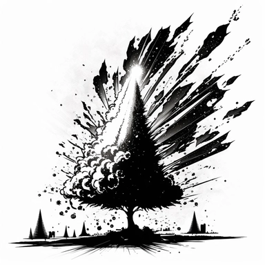 a line drawing in black on white in the style of clipart 70's manga cartoon a christmas tree blasting off like a rocket into the sky with branches exploding out from underneath