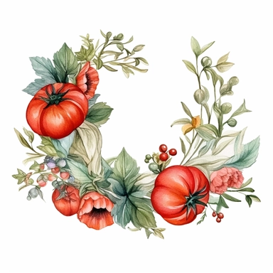 Design a vintage - style, watercolor garland featuring tomatoes, basil, poppies, clipart elements, romantic aesthetic, hand - drawn in a watercolor style, himsical and charming, white background