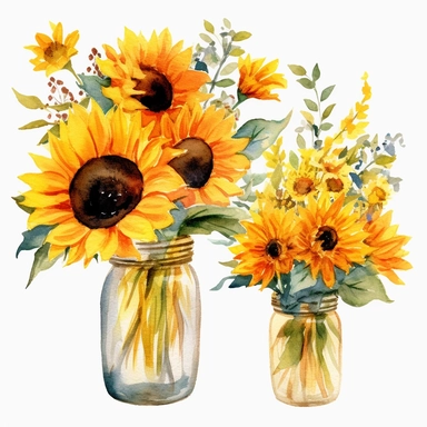 Watercolor Sunflowers Clipart in jar, fall sunflower floral bouquets, white background