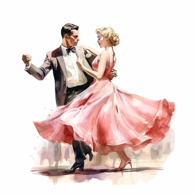 A couple dancing at a retro-inspired ballroom, with twirling skirts and a live band playing swing music, clipart, watercolor, white background, american style