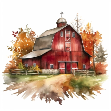 vector watercolor red barn in autumn clipart on white background, red barn in autumn colors, reds and greens, photorealistic, ultrarealistic,no background, on white