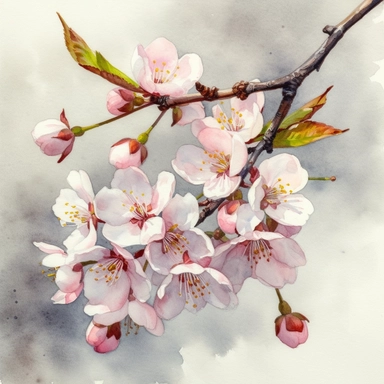 watercolour painting cherry blossom flowers close up clip art prunus cherry tree detailed flowers detailed bark and branches clipart on white background