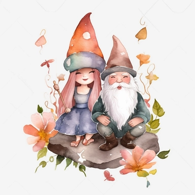 watercolor, spring Gnome Couple and Halloween Decor png Full body realistic cartoon in 32K UHD cute. 15 cm thick outline. Black color. There was no shadow on the ground. 8k with realistic watercolors and detailed illustrations. PNG clipart, transparent white background