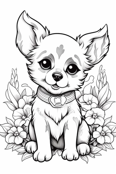 design a black and white adult coloring book page of an cute and kawaii puppy clipart white background no text, coloring page black and white comic book flat vector, white background, Amazon Adult coloring book, no words, no logos, 8k resolution