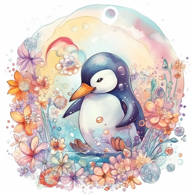 cute penguin sliding down an icy slope, playful dragon blowing bubbles with its nose, depicted in a whimsical, cartoon style, watercolor, surrounded by colorful flowers and butterflies. The mood of the artwork is cheerful and playful, with a soft pastel color palette. The lighting style is bright and sunny, evoking a warm and inviting feeling. clipart design graphic, vector, contour, super cute, isolated white background, high quality, 2d, flat