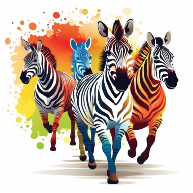 group of cute zebras, running together in a herd, bold colors, clipart, on a white background