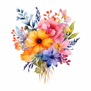 watercolor summer flower group for corner of invitation, clipart isolated on clear white background, bright colors, boho, lithograph, 32k uhd, textural