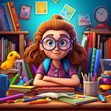 A cute and studious student sitting at a desk, surrounded by books and school supplies, with a pencil in hand and a determined expression on their face, Clipart, created in Adobe Illustrator 3D with bright colors and playful details, ar 36:39