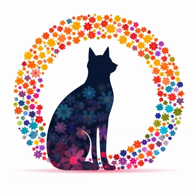 shaggy cartoon style cat in the center of vibrant colored boho style flowers in a heart shape border, silhouette vector flat simple identification symbol white backround white background minimalistic clipart png svg