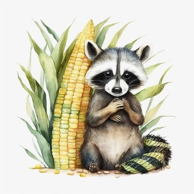 Clipart. A cute looking raccoon baby with cute face and cutest sweet expression holding a corn. Atmosphere is cute optimistic and funny. White background. watercolours. in the center of the image