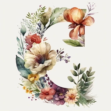 Watercolor botanical flower letter C, clipart, colorful, white background