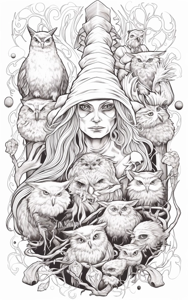Coloring cartoon page for adult,witch clipart 6 witches, owl, in the style of reimagined by Dr. Seus, mystic mechanisms, illusory images, witchcore, lith printing ,clear and clean line art, white background