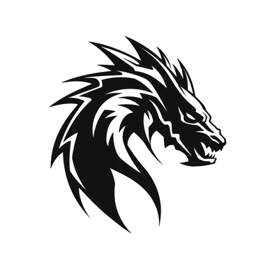 minimalist epic dragon head side-view logo, simplified, silhouette, iconographic symbolism, clipart in coloring page style, black and white, white background
