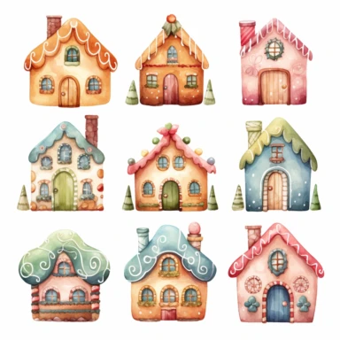 very simple watercolour childrens book style drawing of different cute gingerbread houses, pastel colours soft on white background for clipart, 8k