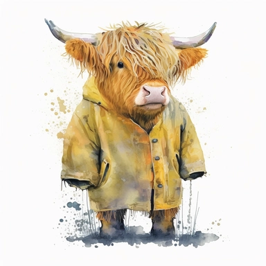 Highland Cow in a yellow coat, Watercolor, Clipart, Farm Animal, clipart