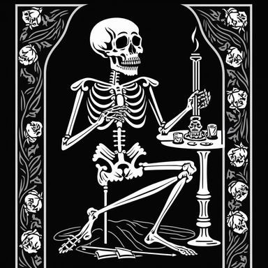clipart black and white vector illustrations of death tarot card, vector illustration, skeleton smoking joint