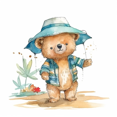Cute baby bear clipart, happy expression, standing in dynamic pose, full body, 1980s color scheme, wear bucket hat, hawaiian summer dress, front view, in the style of watercolor cartoon clipart, kate greenaway style, high resolution, composition free space,watercolour clipart, watercolor illlustration for kids and children, isolated white background, clipart most popular on etsy, book illustration, featured on dribble, print on demand image, PNG tranparent background, composition medium shot, no
