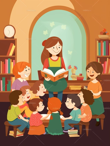 Generate a cover image featuring a young librarian reading a book to a group of children in a cozy library, with blank space in the middle for text or a title. Use clipart-style graphics to create a playful and imaginative scene