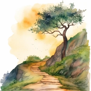 watercolour clipart of a uneven and hilly pathway leading into heavy tree covered area at sunset, serene, peaceful