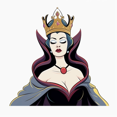 2d partially lined clipart illustration of an evil but beautiful queen, in the style of 1959's sleeping beauty movie, white background