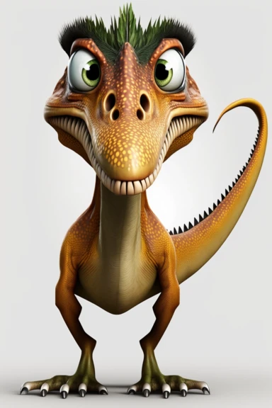 no text, 3d whole body clipart of a dilophosaurus dino, cartoon network style, friendly face, head unproportionally bigger than body, detailed body shape, front shot, insanely big shiny eyes, caricatured face, insanely glossy, plastic like fur and skin, light background, unrealistic, 8k photography, cinematic, super cute face, Photography, Ultra-Wide Angle, Depth of Field, hyper-detailed, beautifully color-coded, insane details, intricate details, Unreal Engine, Cinematic, Editorial Photography,