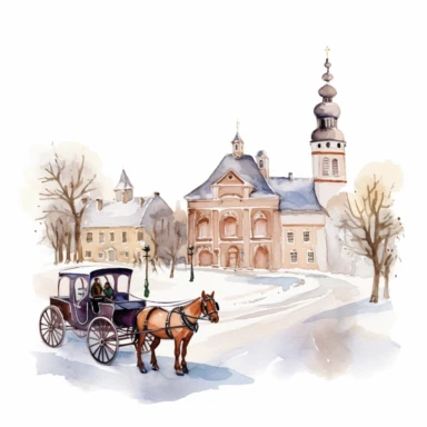 A watercolor painting of a snowy town with a church and a horse-drawn carriage, Watercolor clipart, isolated on white background